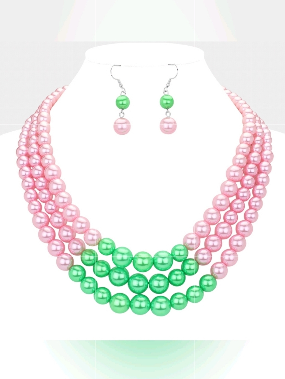 Pink & Green Pearls Triple MultiStrand Layered Necklace Set 3 Row 2 Tone Design